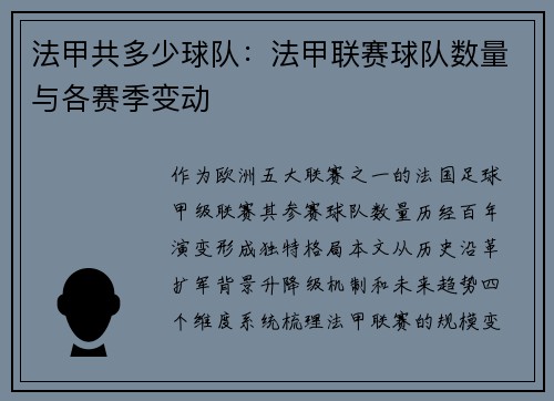 法甲共多少球队：法甲联赛球队数量与各赛季变动